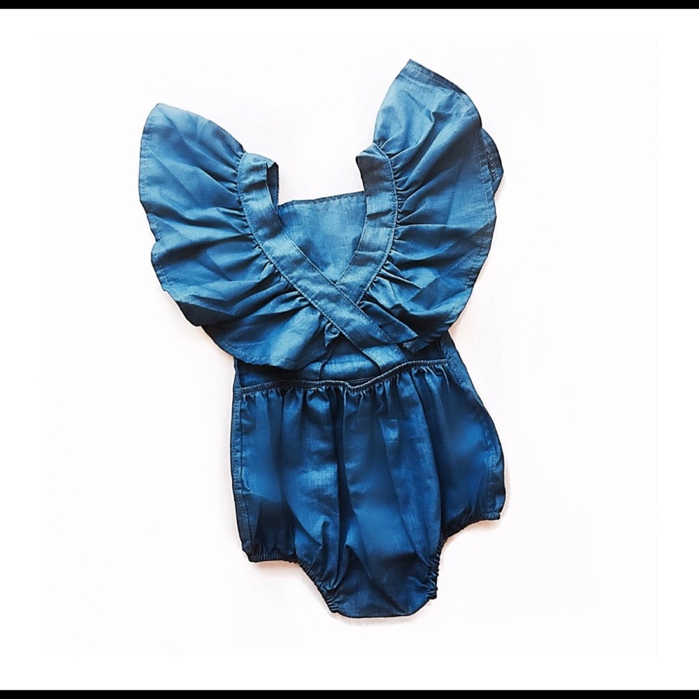 ‼️SOLD‼️Jean Ruffle Baby Rustic Button Romper - Picture 2 of 3
